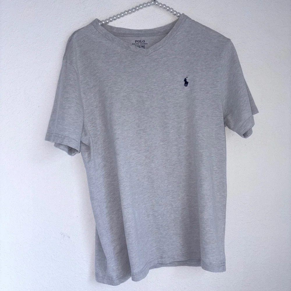 Polo Ralph Lauren T-Shirt Size L(14-16) Heather Gray Excellent V-Neck Pony Logo